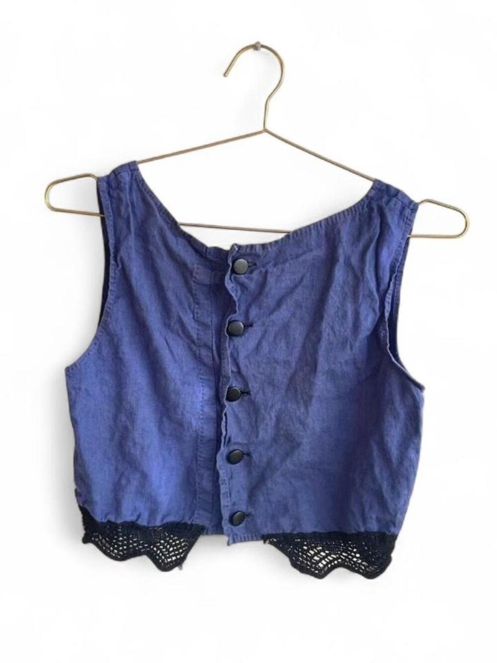 Handmade Vintage Blue Linen Cropped Vest Top – Button Front Crochet Hem